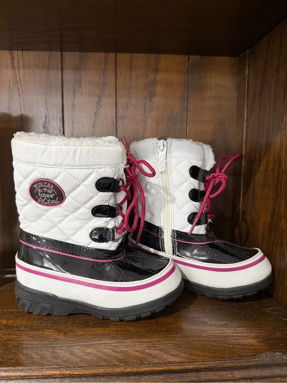 totes Kids White Black and Pink Lace-Up Snow Boots
